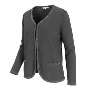 MAJE Blue Beaded Friday Cardigan Sweater Linen Blend Knit Pocket Detail